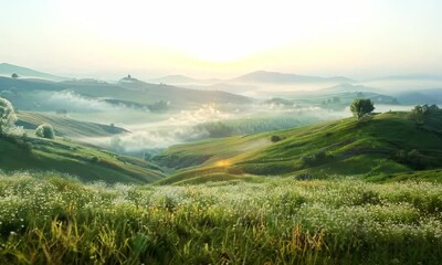 Wall Mural - Peaceful countryside landscape with rolling hills, Video