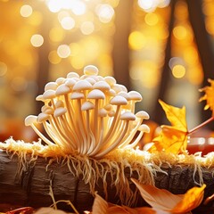 Bunch of Small Mushrooms - Enoki Mushroom - Gold, Orange and Brown Leaves falling in a Forest - Oktober and November Wallpaper - Autumn or Fall Background