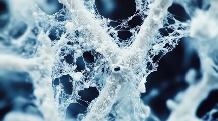 A close-up of a white, delicate, intricate web structure, reminiscent of a spider web, with a dark blue background.