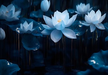 White Lotus Flowers in Dark Water