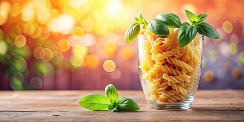 vibrant summertime uncooked pasta explosion in clear glass vase on pastel pink background with scattered fresh basil leaves and blurred bokeh effect