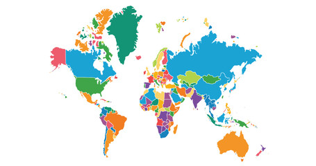  Cartoon pictures of world map on white background. All countries of the world in different colors. Can use for printing, website, presentation element, textile. Vector illustration.