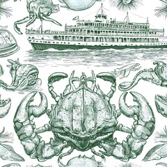 Wall Mural - Sea Life Pattern with Crab and Ship