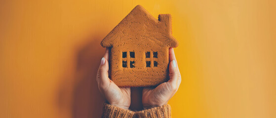 A cozy gingerbread house held in hands against warm orange background