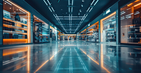 Poster - A dark slightly blurred futuristic retail store. Generative AI.