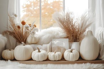 Wall Mural - fall decor in neutral colors. poster, pumpkins, dry plants. 