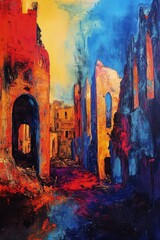 art of a ruined blue city with predominant red, orange, yellow, and blue shades, capturing a vibrant