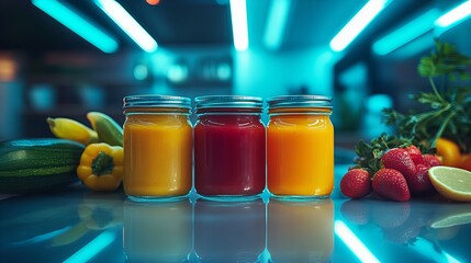 Bright colorful set of healthy 3 baby food jars in various flavors with fresh ingredients for babies new beautiful stock image illustration AI