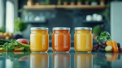 Bright colorful set of healthy 3 baby food jars in various flavors with fresh ingredients for babies new beautiful stock image illustration AI