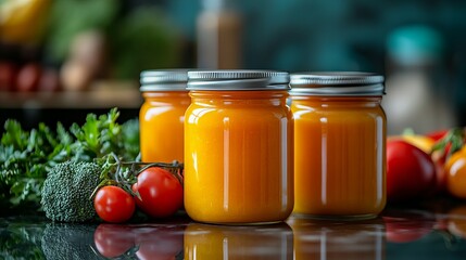 Bright colorful set of healthy 3 baby food jars in various flavors with fresh ingredients for babies new beautiful stock image illustration AI