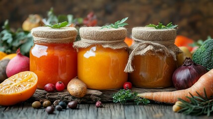 Bright colorful set of healthy 3 baby food jars in various flavors with fresh ingredients for babies new beautiful stock image illustration AI