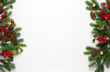 © New Africa - Fir tree branches with Christmas decor on white background, flat lay. Space for text