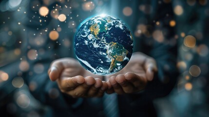 Leinwandbilder - A businessman holds a digital hologram of the Earth, representing the global network and connectivity concept. This information technology is used for business intelligence or data science.