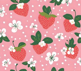 Wall Mural - Strawberry and Flower Seamless Pattern