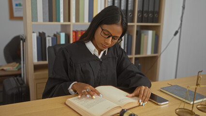 Young brunette woman in judge's robe reading book at office desk indoors, giving serious and focused look, illustrating a professional legal setting in a courtroom environment