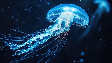 A close-up of a blue jellyfish swimming gracefully in an aquarium against a dark blue backdrop, symbolizing nature and beauty.