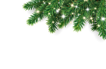 Wall Mural - Christmas tree decoration. Holiday fir tree garland, festive Christmas corner. Winter season frame, realistic spruce branch with glowing Christmas lights. Transparent background in vector file.