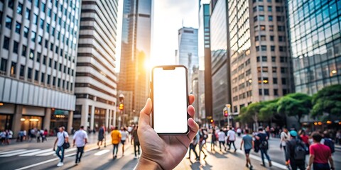 a person holds up a smartphone with a blank white screen