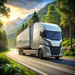 Futuristic technology abstract semi Truck. Digital Druck on highway road natural. Ai Generated