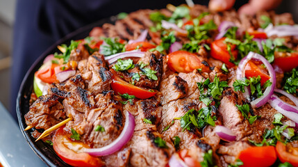 Delicious Grilled Meat Skewers with Tomatoes and Onions