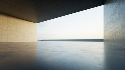 Canvas Print - 3d render of abstract modern concrete architecture with empty cement floor, minimal exterior, car presentation background