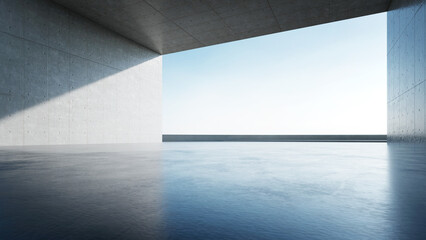 Fototapete - 3d render of abstract modern concrete architecture with empty cement floor, minimal exterior, car presentation background