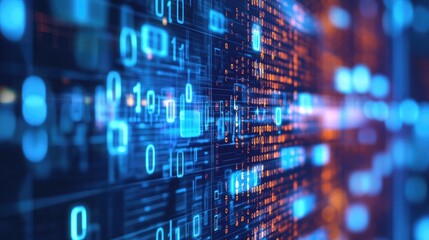 Abstract digital background with binary code and glowing lights.