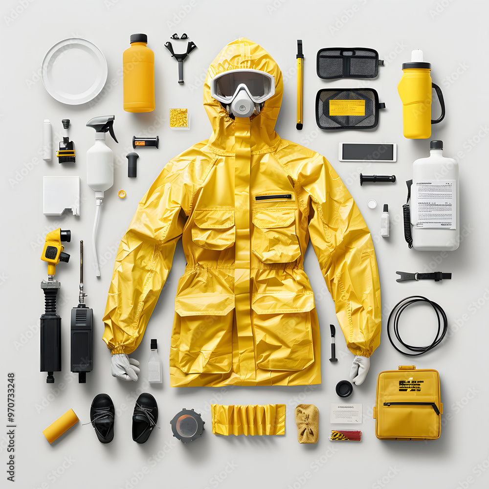 Complete hazardous materials safety gear layout for biohazard cleanup ...