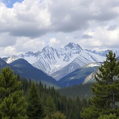 Poster - Snow-capped mountains rise above a valley of fir trees.