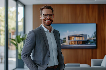 Wall Mural - Modern Real Estate Office with Professional Agent Displaying Luxury Property  