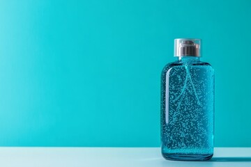 A clear blue hand sanitizer bottle with a silver cap stands against a vibrant turquoise backdrop. The sanitizer is filled with tiny bubbles, evoking a sense of cleanliness and freshness. This simple y