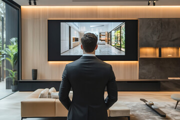 Canvas Print - Modern Real Estate Office with Professional Agent Displaying Luxury Property  