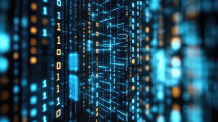 Abstract background of glowing binary code data stream in blue and orange.