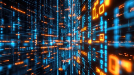 Abstract digital binary code background with glowing orange and blue digits in a futuristic technology concept.