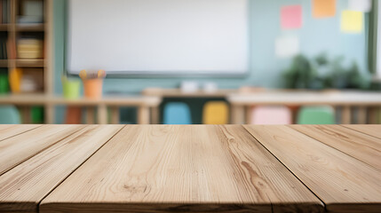 Wall Mural - Wooden Tabletop with Blurred Classroom Background