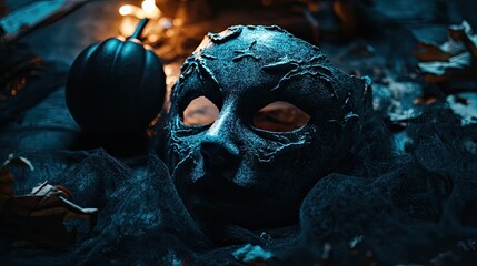 A close-up of a spooky Halloween mask laying on a dark surface, surrounded by Halloween props.