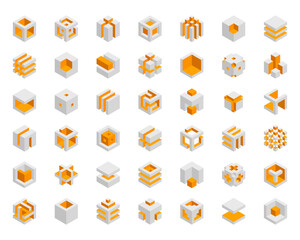 Cube logo, geometric vector design. Box logotype company, trendy tech emblem in pixel style.