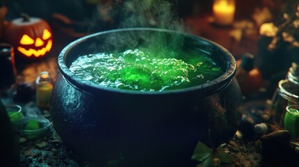 A close-up of a witch's cauldron bubbling with green liquid, surrounded by Halloween potions.