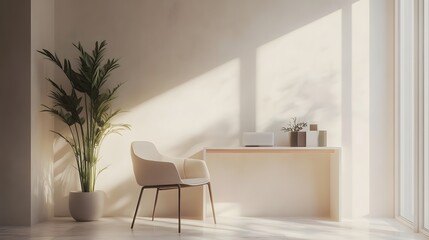 205. Elegant minimalist workspace with a sleek chair, small plant, and neutral decor