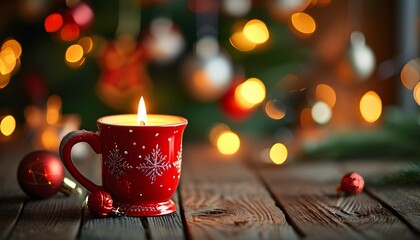 Cozy holiday scene with a festive red mug and a glowing candle on a wooden table adorned with Christmas decorations and shimmering bokeh lights