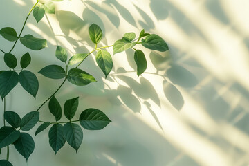 Green leaves with shadows on a light green background.