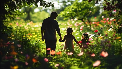 Family Silhouette United in a Vibrant Garden Amidst Blooming Flowers