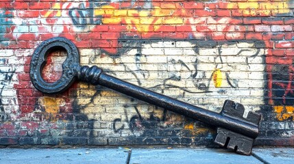 Wall Mural - A large vintage key rests against a colorful graffiti wall. Its design is intricate and eye-catching. Perfect for urban art themes and creative projects. This image captures an intriguing contrast. AI