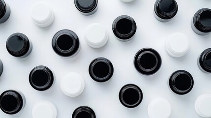 Flatlay of cosmetic jars arranged in a grid pattern on a white background, minimalist and sleek design, top view