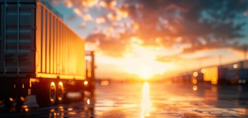 A vibrant sunset paints the sky behind a truck parked at a logistics facility. Ideal for transport and delivery themes.