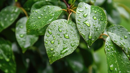 A close-up of raindrops on fresh green leaves after a spring shower, symbolizing nature's renewal.