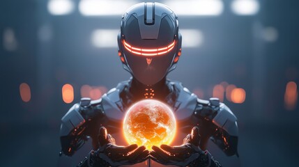 A futuristic robot holding a glowing Earth in a dimly lit high-tech environment during an advanced era of technology, 3d illustration.