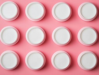 Minimalist flatlay of cream jars and droppers arranged symmetrically on a pastel pink background, soft shadows, top view