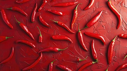 a close-up of red chili peppers scattered on a bright red background, emphasizing spice and heat.