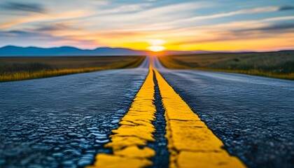 Wall Mural - Resilient Journey Along a Cracked Asphalt Road with Faded Yellow Line Stretching Toward the Horizon